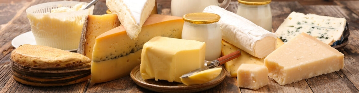 Variety of cheese and dairy products.