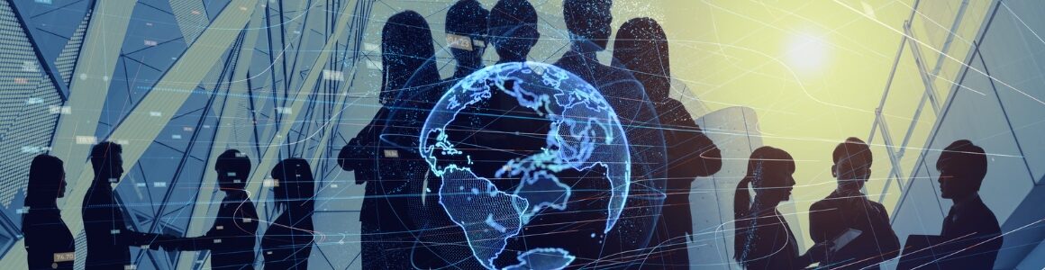 A blue outline of the world with shadows of people shaking hands representing global connections.