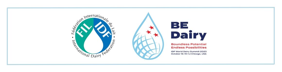 International Dairy Federation (IDF) 2023 World Dairy Summit logo. BE Dairy.