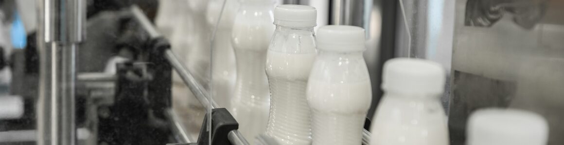 Machine filling bottles with milk.