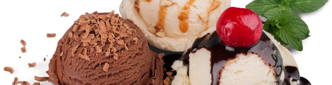 Scoops of chocolate, vanilla, and caramel ice cream.