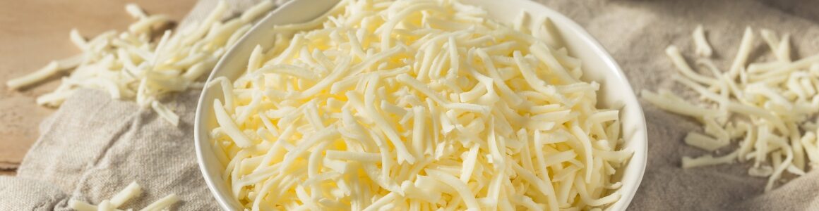 Shredded mozzarella cheese.