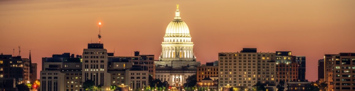 Madison, Wisconsin Capitol building downtown skyline at dusk.
