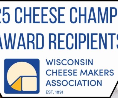 Graphic displaying cows in a pasture on the left and dairy products on the right with text displaying "2025 Cheese Champion Awards" and the Wisconsin Cheese Makers Association (WCMA) logo.