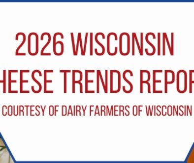 An image header featuring artisanal cheeses on the left, aged cheese wheels on the right, and centered text reading “2026 Wisconsin Cheese Trends Report, Courtesy of Dairy Farmers of Wisconsin.”