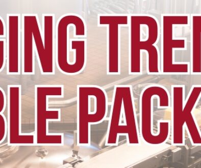 Emerging Trends in Flexible Packaging text overlay on an image of an automated food production line inside a dairy processing facility.