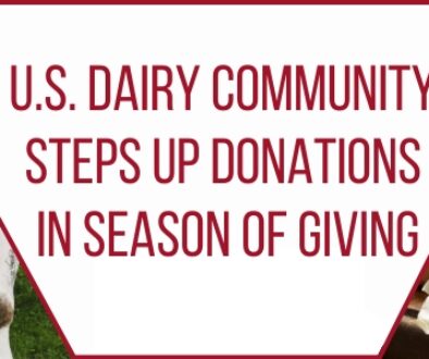 A banner graphic showing cows in a pasture on the left and a variety of dairy foods on the right, with text reading “U.S. Dairy Community Steps Up Donations in Season of Giving.”