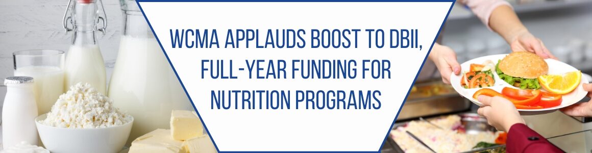 A header image featuring dairy products like milk, cheese, and cottage cheese on the left, and a cafeteria worker handing a meal to a student on the right, highlighting support for dairy innovation and nutrition programs.