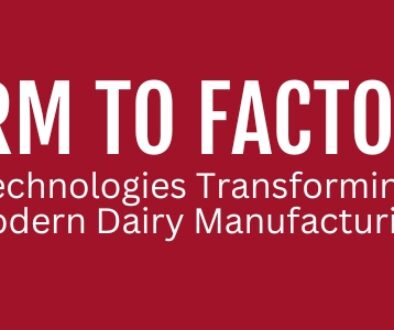 A graphic showing dairy cows on a farm and robotic factory equipment, highlighting technologies transforming modern dairy manufacturing from farm to factory.