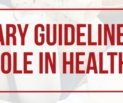 Faded dairy products in the background with text reading "New Dietary Guidelines Affirm Dairy's Role in Healthy Eating"