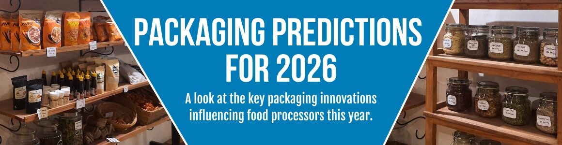 Banner graphic titled "Packaging Predictions for 2026," featuring shelves stocked with packaged food products. Blue header highlights key packaging innovations influencing food processors this year.
