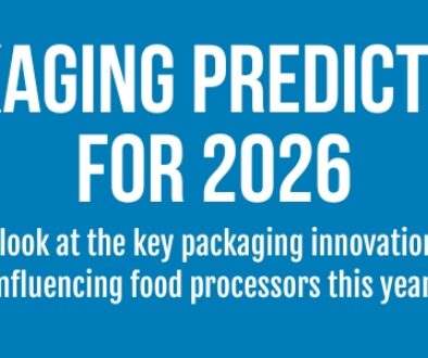 Banner graphic titled "Packaging Predictions for 2026," featuring shelves stocked with packaged food products. Blue header highlights key packaging innovations influencing food processors this year.