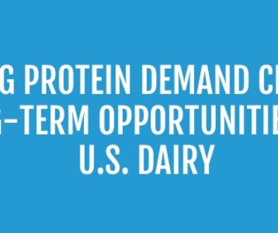 cows and dairy products with text in the middle reading "Rising Protein Demand Creates Long-Term Opportunities for U.S. Dairy"
