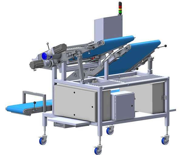 Rear Angle 3D render of the Hart DS1 Dicer Shredder machine, showing the infeeds conveyer.