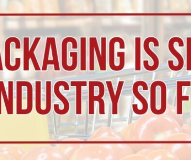 Banner graphic with the headline “How Packaging Is Shaping the Food Industry So Far in 2026” over a blurred grocery store background with tomatoes and a shopping cart.
