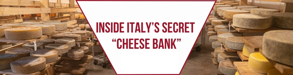 Wheels of parmesan cheese with the words "Inside Italy's Secret Cheese Bank"