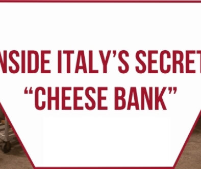 Wheels of parmesan cheese with the words "Inside Italy's Secret Cheese Bank"