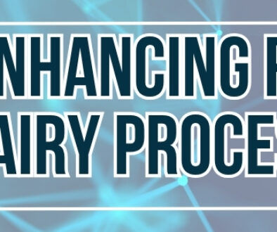 Graphic with a blue technology-themed background featuring the text “AI Enhancing R&D for Dairy Processors.”