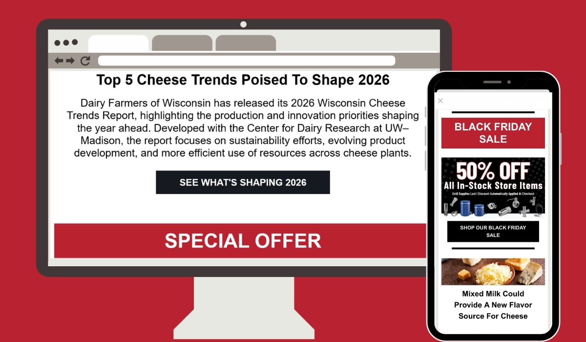 Screenshot-style graphic showing a desktop computer and smartphone displaying HART Design & Manufacturing e-news content, including a featured article about cheese industry trends, promotional content, and email newsletter formatting.
