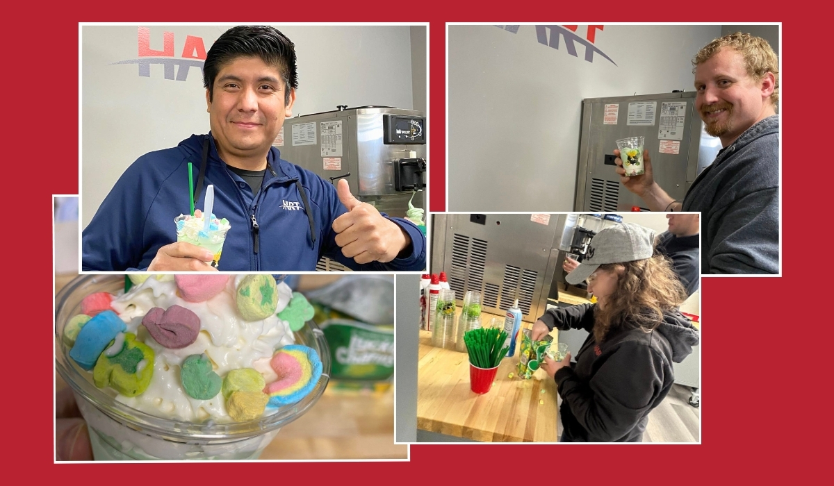 HART Design & Manufacturing employees enjoy St. Patrick’s Day shamrock sundaes made with soft serve ice cream and festive toppings at the office.