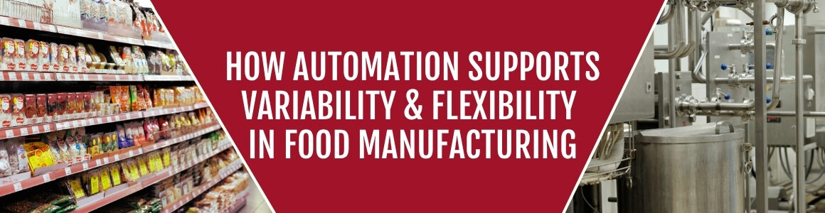 Banner graphic showing a grocery store aisle stocked with packaged food products on the left and stainless-steel food processing equipment on the right. Center text reads, "How Automation Supports Variability & Flexibility in Food Manufacturing."