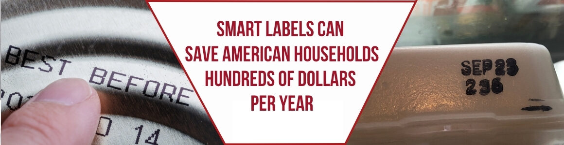 Banner graphic showing a hand pointing to a "best before" date on food packaging beside a package printed with an expiration date. Center text reads, "Smart Labels Can Save American Households Hundreds of Dollars Per Year."