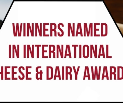 Banner graphic featuring three dairy cows in a pasture on the left, assorted cheese, butter, and milk products on the right, and the headline "Winners Named in International Cheese & Dairy Awards" centered between the images.