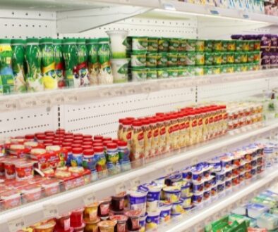 Refrigerated grocery store dairy case stocked with milk, yogurt, cheese and other packaged dairy products.