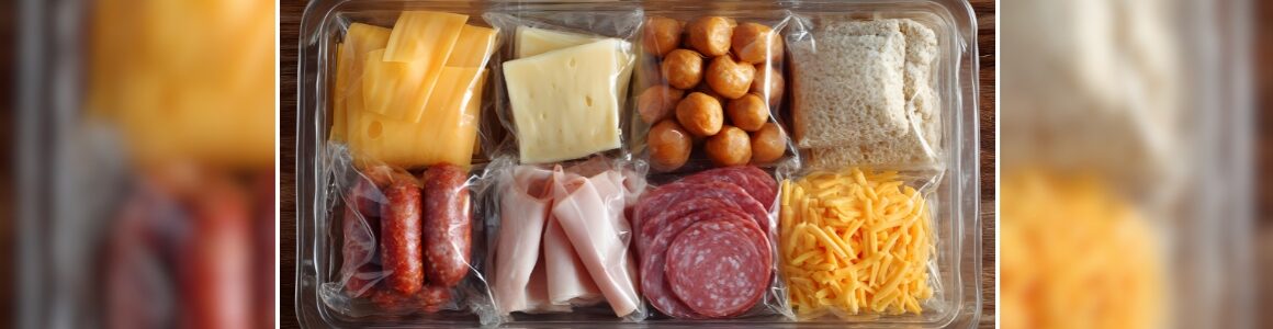 Assorted sliced, shredded and packaged cheeses with meats and bread arranged in a ready-to-eat snack tray.