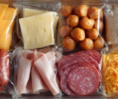 Assorted sliced, shredded and packaged cheeses with meats and bread arranged in a ready-to-eat snack tray.
