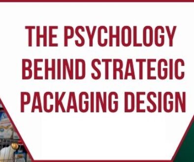 Two shoppers examine products in grocery store aisles, including refrigerated dairy items, with the headline “The Psychology Behind Strategic Packaging Design.”