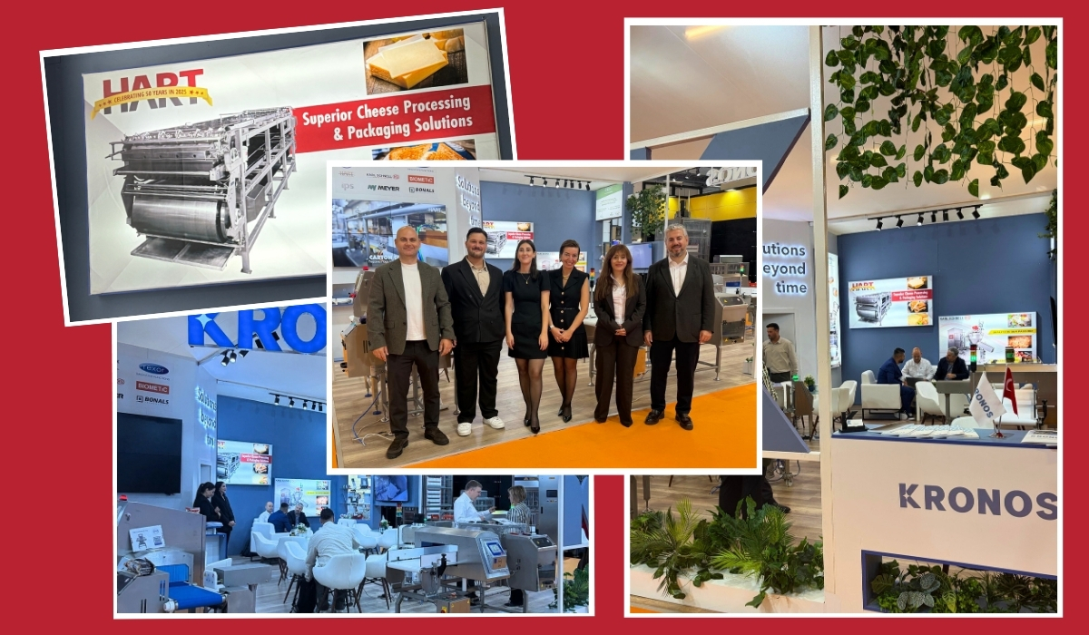 Photo collage from Food-Tech Eurasia 2026 in Istanbul, Turkey, featuring HART Design & Manufacturing’s international sales representatives showcasing HART’s cheese processing equipment and connecting with industry professionals.